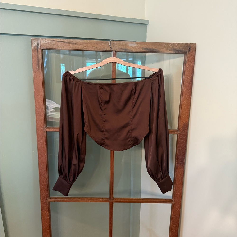 SHEIN Chocolate Brown Off-the-Shoulder Long-sleeve Corset Blouse – Size Small